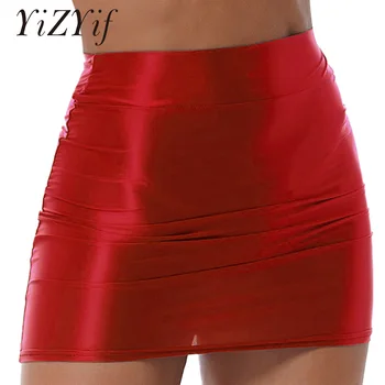 Womens Glossy Pencil Skirt Casual High Waist Rave Party Clubwear Elastic Waistband Miniskirt Pole Dance Stage Performance Wear