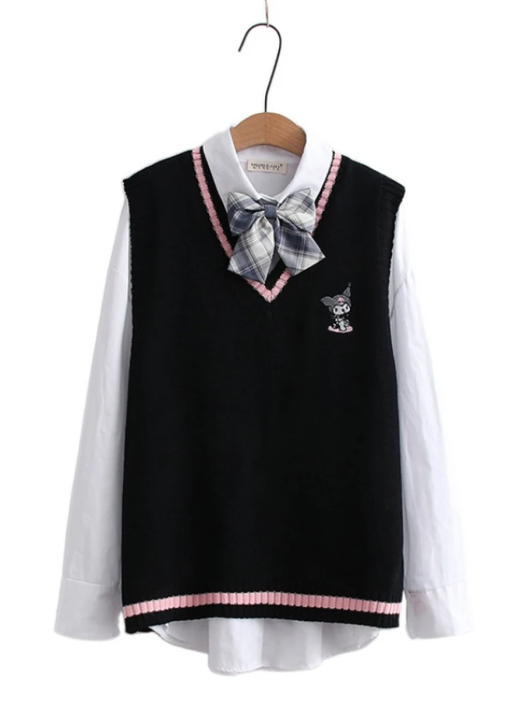 Women 2 Piece Sets Clothing Cartoon Embroidery Sleeveless Knit Sweater Vest and Long Sleeve Turndown Collar Cotton Bow Shirts
Women 2 Piece Sets Clothing Cartoon Embroidery Sleeveless Knit Sweater Vest and Long Sleeve Turndown Collar Cotton Bow Shirts