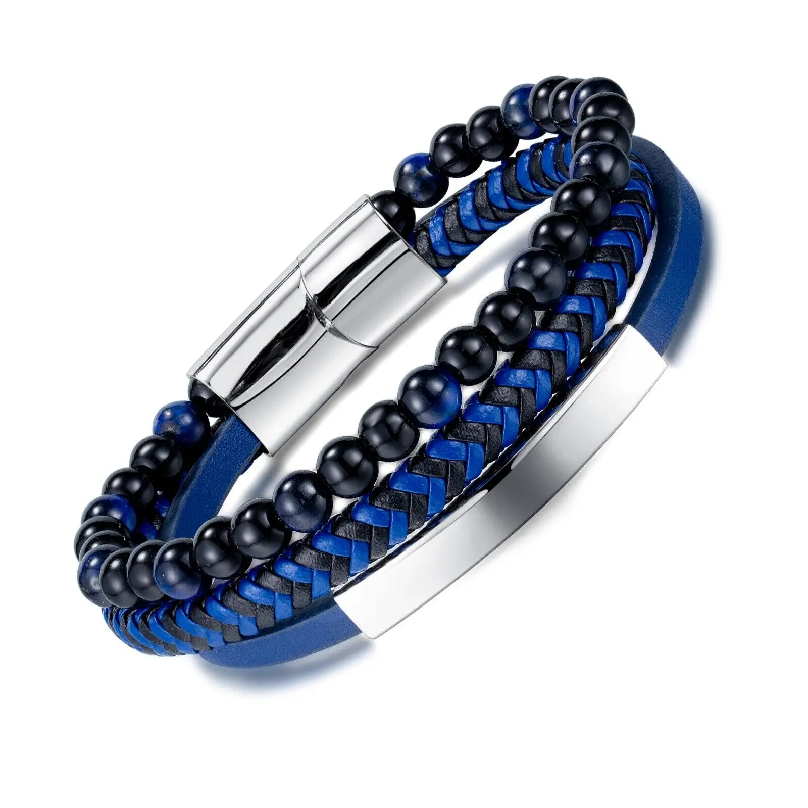 

Blue-Black Weaving Combined Multi-Layered Beaded Handmade Woven Leather Bracelet