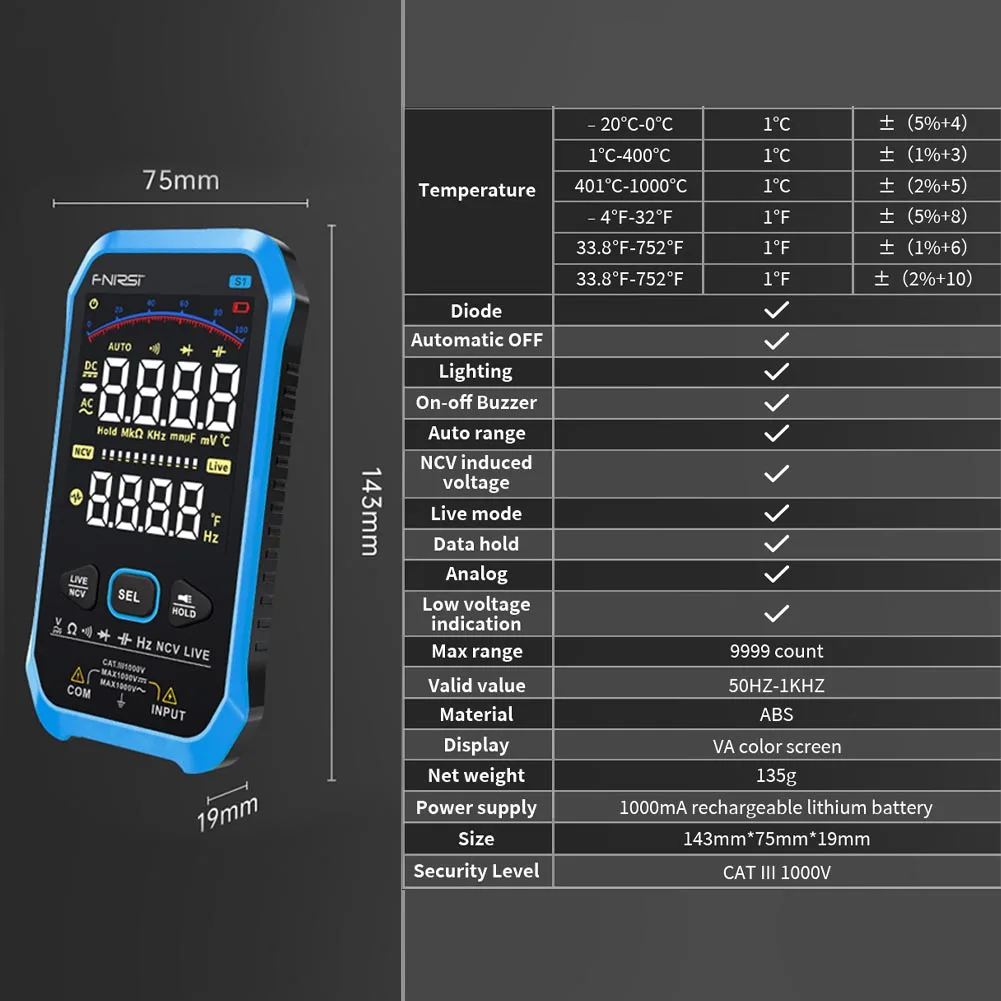 Live Tester Digital Multimeter 1Set 50HZ-1KHZ 9999counts AC DC Diode NCV Hz FNIRSI-S1 143mm×75mm×19mm Outdoors
Live Tester Digital Multimeter 1Set 50HZ-1KHZ 9999counts AC DC Diode NCV Hz FNIRSI-S1 143mm×75mm×19mm Outdoors