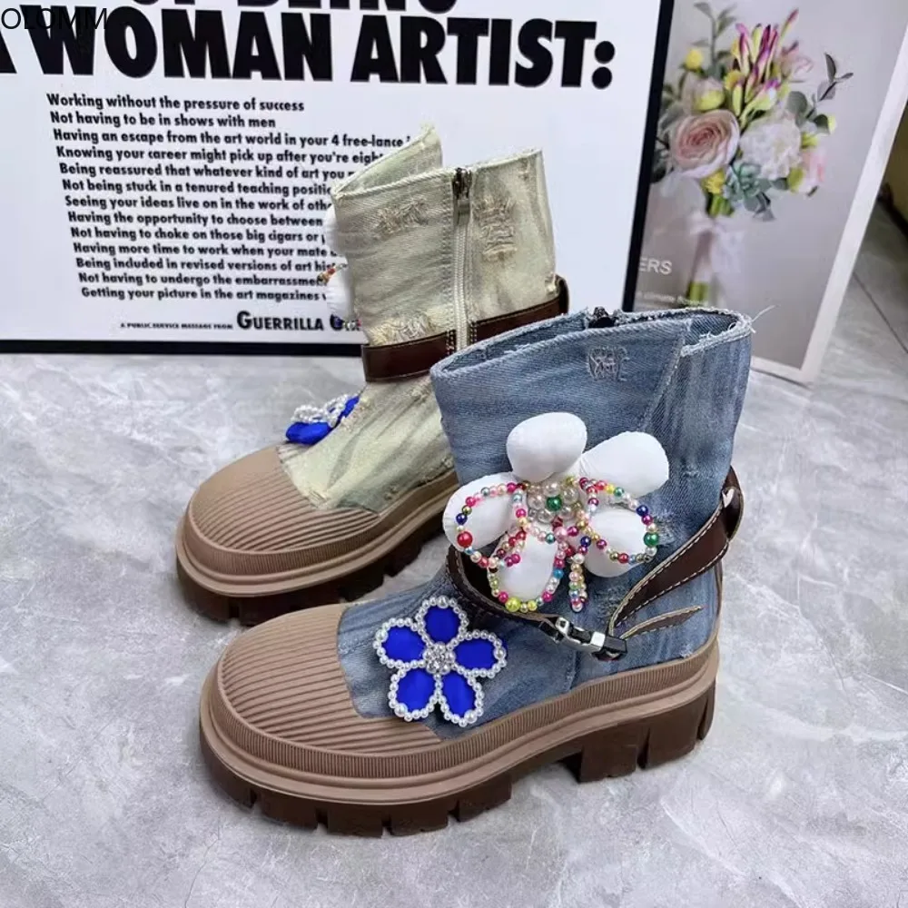 Denim Jeans Flowers Rhinestones Diamonds Ankle Boots Womens Round Toe Platform Oxfords Chunky Heel DIY Shoes New 2023
Denim Jeans Flowers Rhinestones Diamonds Ankle Boots Womens Round Toe Platform Oxfords Chunky Heel DIY Shoes New 2023