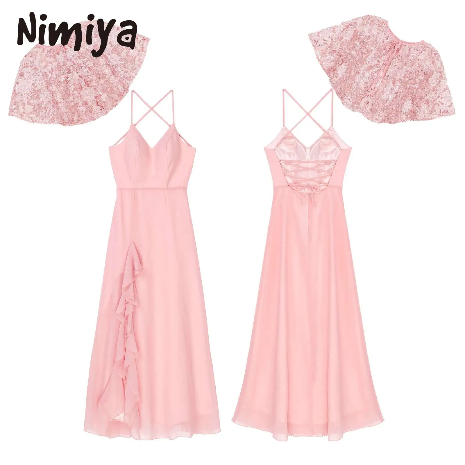 Nimiya Women 2pcs Chiffon High Quality Party Dresses Adjustable Straps Backless Ruffles Slit Maxi Dress with Hollow Floral Capes
Nimiya Women 2pcs Chiffon High Quality Party Dresses Adjustable Straps Backless Ruffles Slit Maxi Dress with Hollow Floral Capes