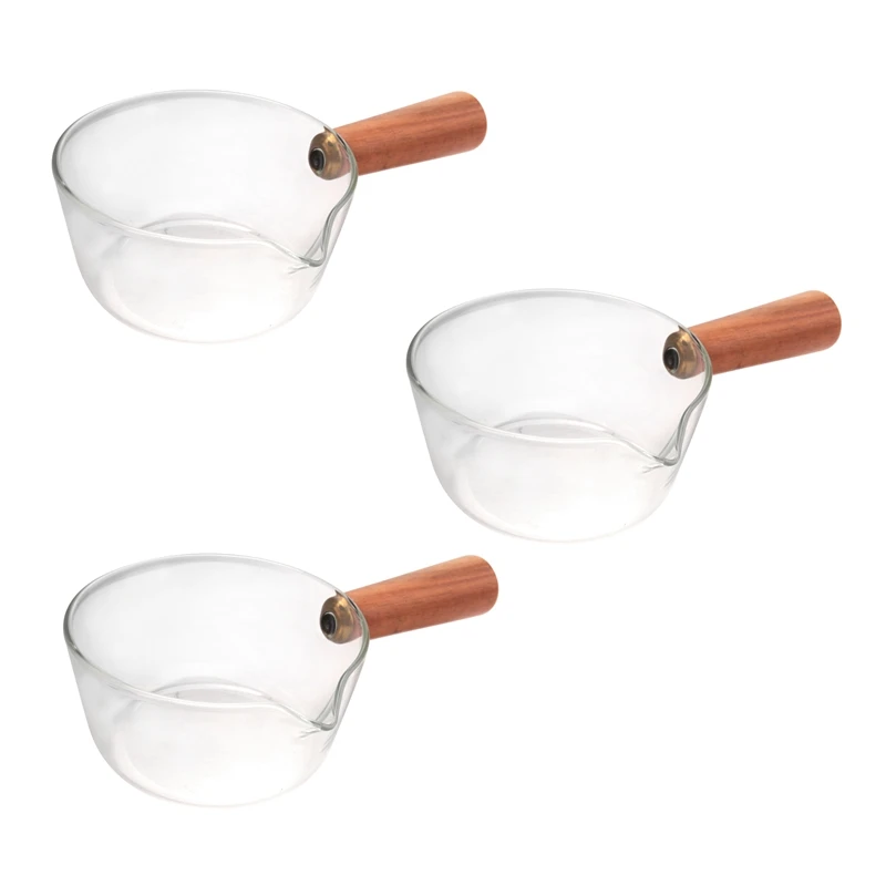 

3X Glass Milk Pot With Wooden Handle 400Ml Cooking Pot For Salad Noodles Gas Stove Cookware