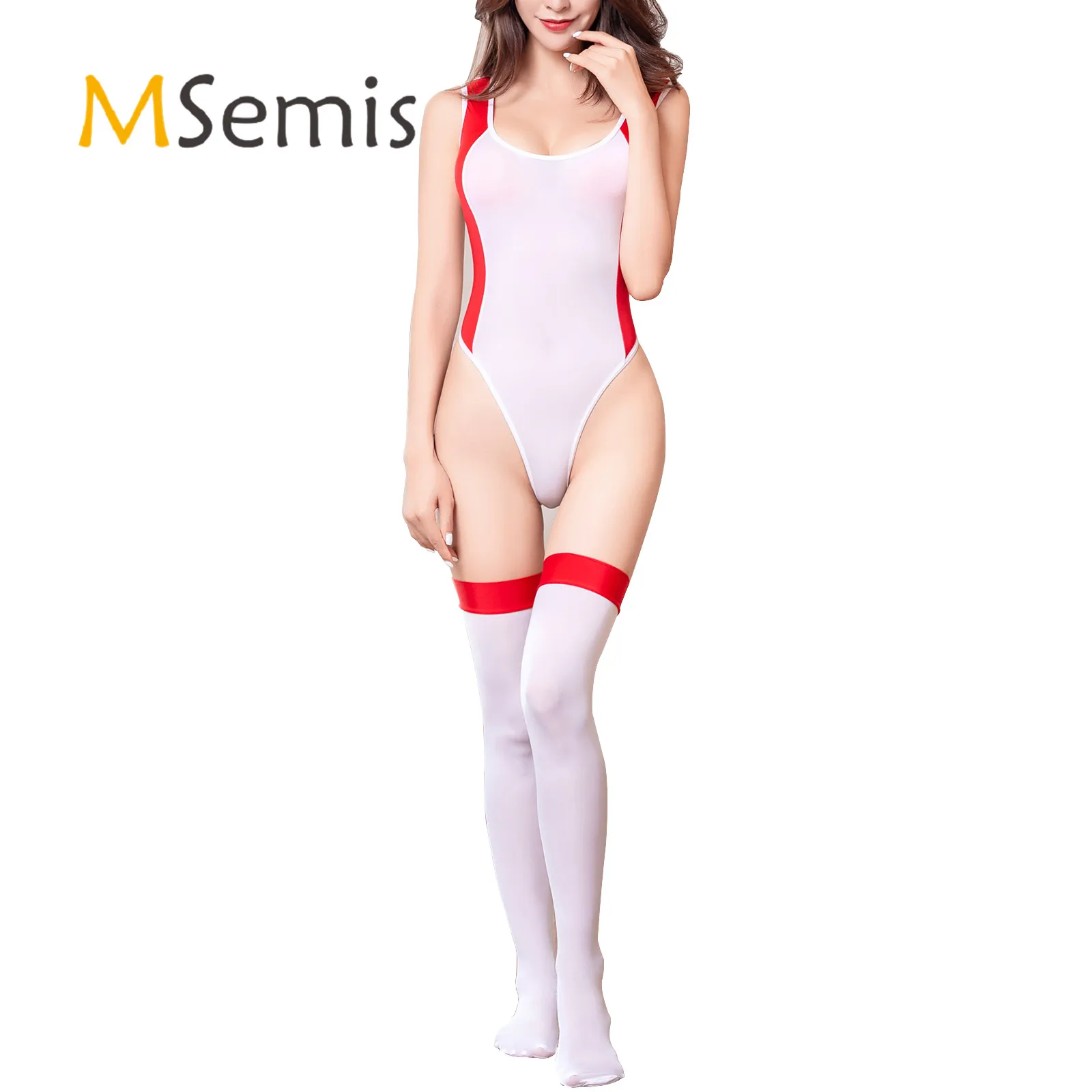 Womens Lingerie Color Block High Cut Bodysuit Scoop Neck Backless Leotard with Stockings
Womens Lingerie Color Block High Cut Bodysuit Scoop Neck Backless Leotard with Stockings
