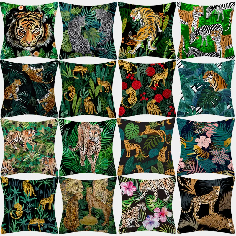 

Polyester Tiger Leopard Print Pillowcase Upholstery Sofa Cushion Palm Leaf Pillowcase Tropical Jungle Home Decor Cushion Cover