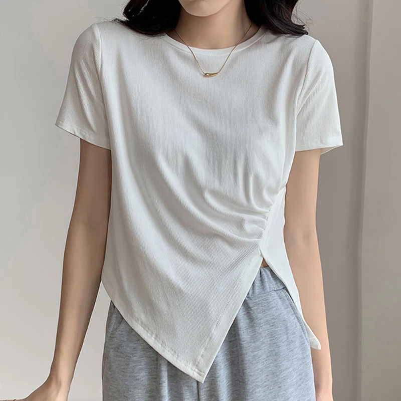 Spring Summer New Fashion Women T Shirts Solid Asymmetrical Shirring Casual Tops Female Slit O Neck Slim Thin T-Shirt Tees Femme
Spring Summer New Fashion Women T Shirts Solid Asymmetrical Shirring Casual Tops Female Slit O Neck Slim Thin T-Shirt Tees Femme