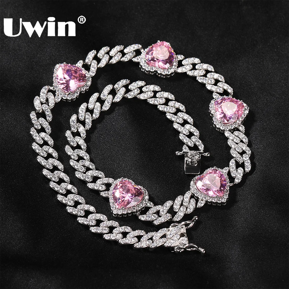 

UWIN 9mm Cuban Chain with Pink Heart Necklace For Women Full Iced Out Cubic Zirconia Charms Link Chain Fashion Jewelry for Gift