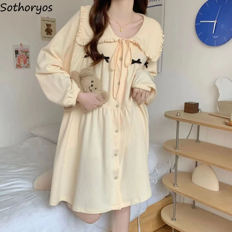 

Sleepshirts Women Sweet Bandage Simple Long Sleeve Fashion Korean Style Homewear Casual Lovely Girls Autumn New Cozy Design Chic