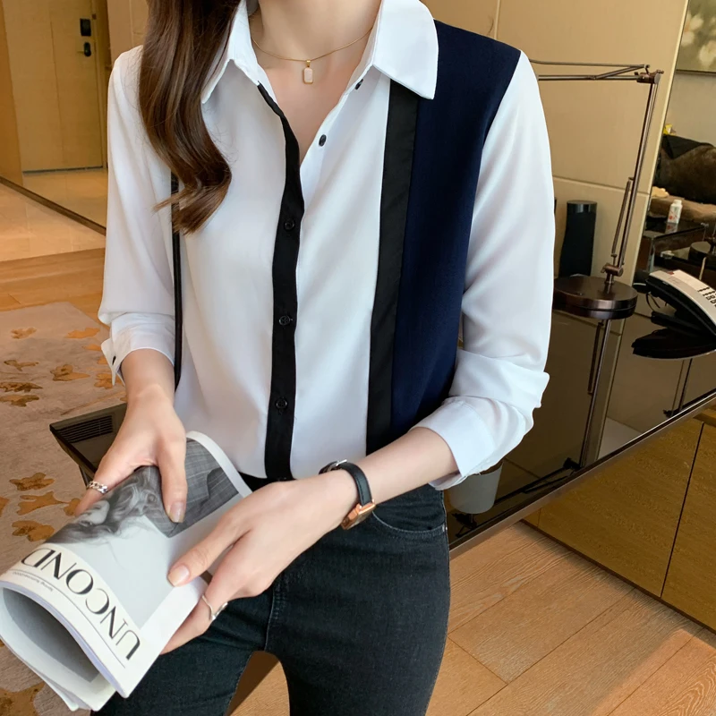 Chiffon Women's Blouse Summer Loose Female Clothing Long Sleeve Top Casual Splicing Polo Shirt Houthion
Chiffon Women's Blouse Summer Loose Female Clothing Long Sleeve Top Casual Splicing Polo Shirt Houthion