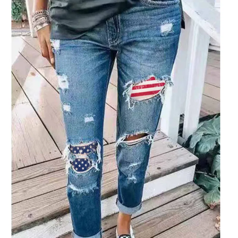 

Fashion Bleached Ripped Holes Tassel Women Straight Jeans Stars Stripe Printed Spliced Denim Pants Casual Slim Fit Trousers