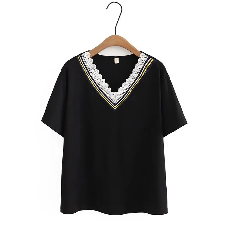 

Plus Size Women's V-neck White Black Summer Shirts Oversized A-line Lace Patchwork Female Tops Fashion Casual Top