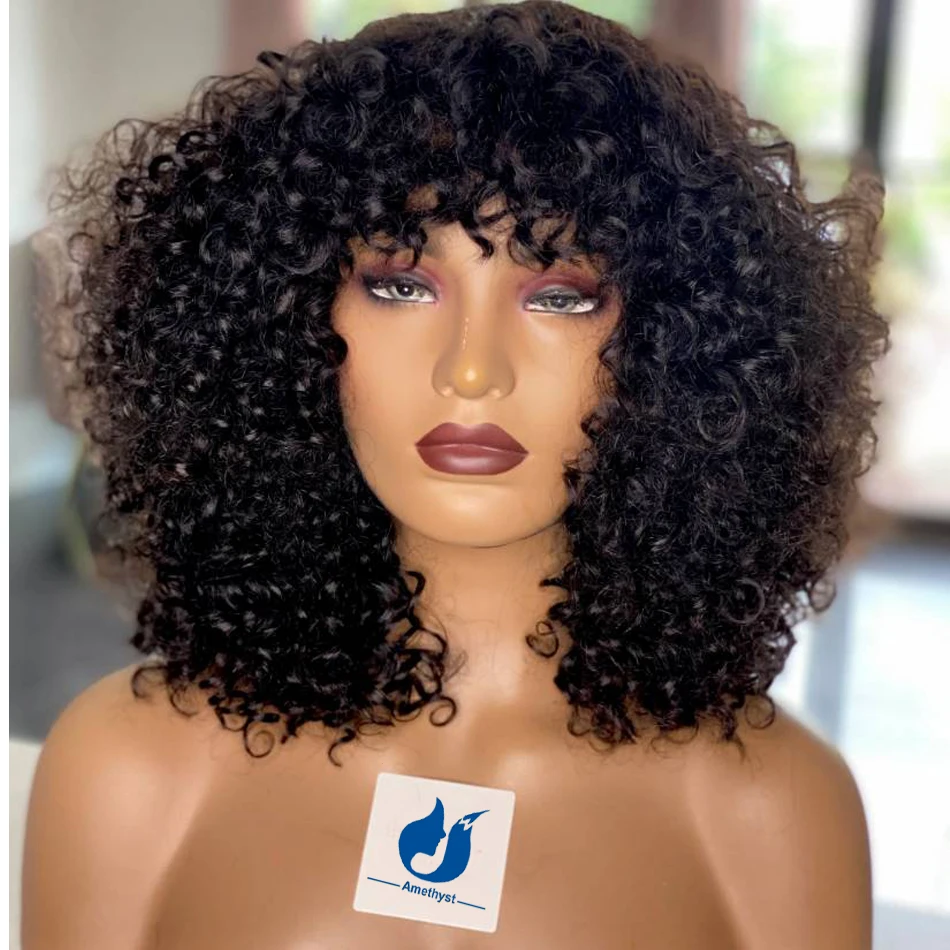 

Amethyst Afro Kinky Curly Human Hair Wig With Bangs Full Machine Wig Scalp Top Remy Brazilian For Women Glueless 200% Short Bob