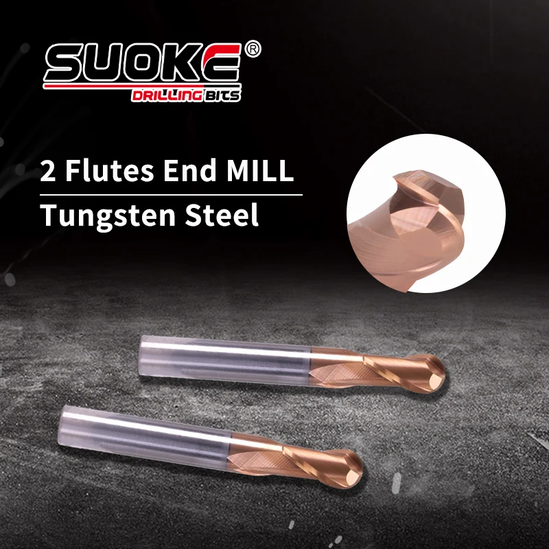 SUOKE HRC60 Ball Nose End Mill 2Flutes Carbide Tungsten Steel Milling Cutter Cutting Tools Alloy CNC Machine With Copper Coating
SUOKE HRC60 Ball Nose End Mill 2Flutes Carbide Tungsten Steel Milling Cutter Cutting Tools Alloy CNC Machine With Copper Coating