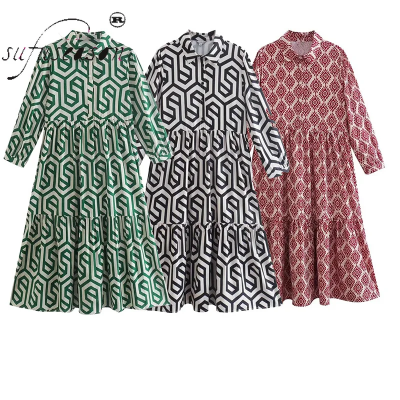 Green Midi Dress Elegant Woman Autumn Vintage Geometric Print Pleats Casual Slim Shirt ZA Summer2022 Fashion Gothic 
Green Midi Dress Elegant Woman Autumn Vintage Geometric Print Pleats Casual Slim Shirt ZA Summer2022 Fashion Gothic