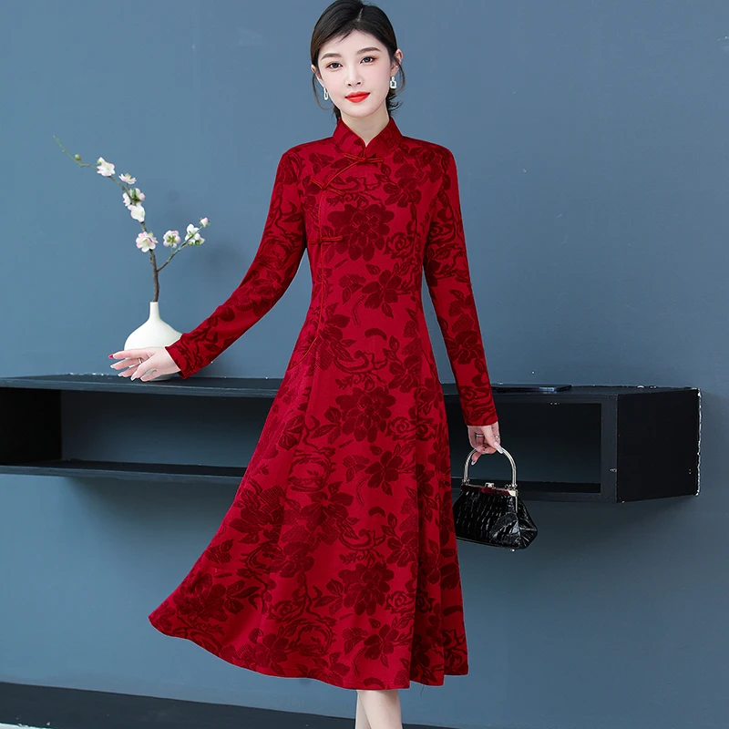 Cheongsam Womens Disc Buckle Jacquard Flower Midi Dress Spring Autumn Retro Causal Party Bodycon Dresses Vestidos
Cheongsam Womens Disc Buckle Jacquard Flower Midi Dress Spring Autumn Retro Causal Party Bodycon Dresses Vestidos