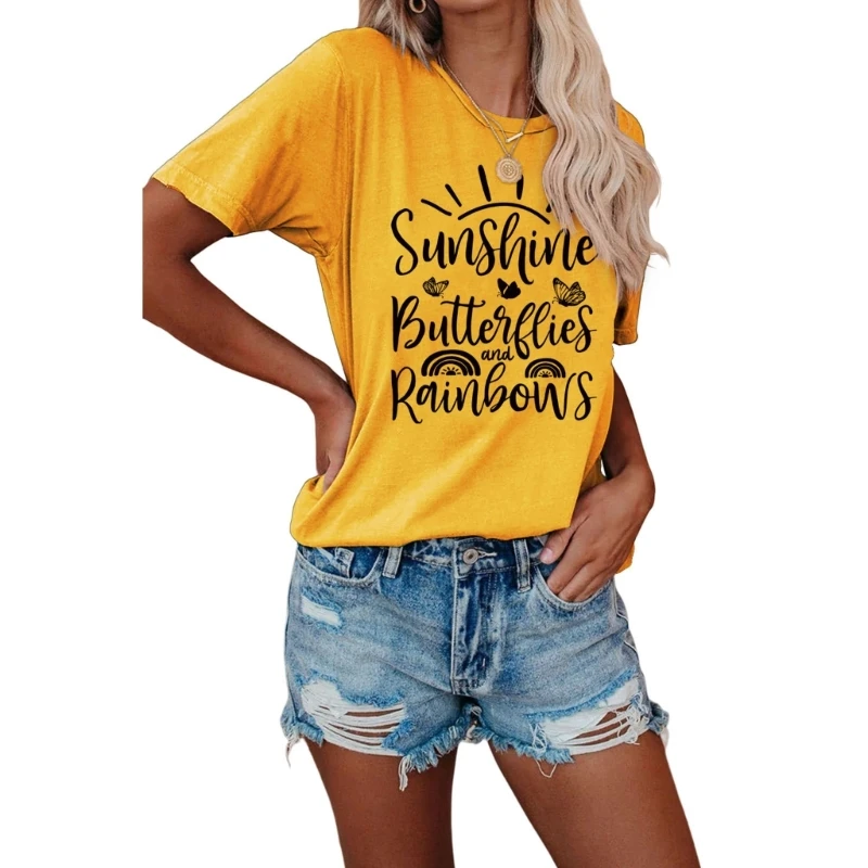 Letter Print Sayings Shirt Tops Round Neck Short Sleeves Positive Quote Sunshine Butterflies Rainbows Women T-Shirt M6CD
Letter Print Sayings Shirt Tops Round Neck Short Sleeves Positive Quote Sunshine Butterflies Rainbows Women T-Shirt M6CD