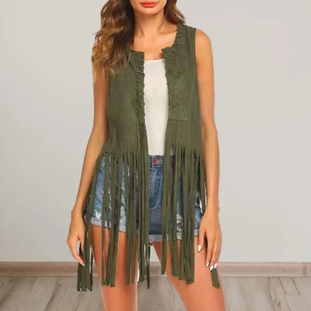Women Long Tassels Suede Vest Open Front O Neck Long Waistcoat Solid Color Hollow Hole Fringed Waistcoat Streetwear
Women Long Tassels Suede Vest Open Front O Neck Long Waistcoat Solid Color Hollow Hole Fringed Waistcoat Streetwear