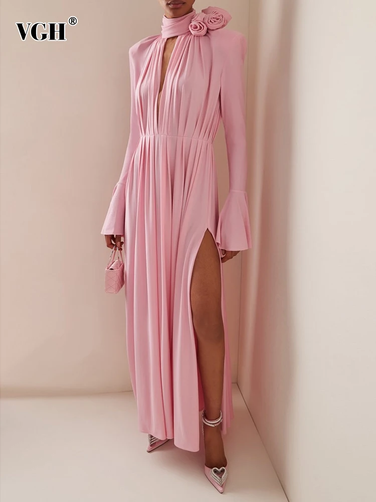 VGH Spliced Appliques Ruched Dresses For Women Half High Collar Flare Sleeve High Waist Split Thigh Solid Dress Female Clothes
VGH Spliced Appliques Ruched Dresses For Women Half High Collar Flare Sleeve High Waist Split Thigh Solid Dress Female Clothes