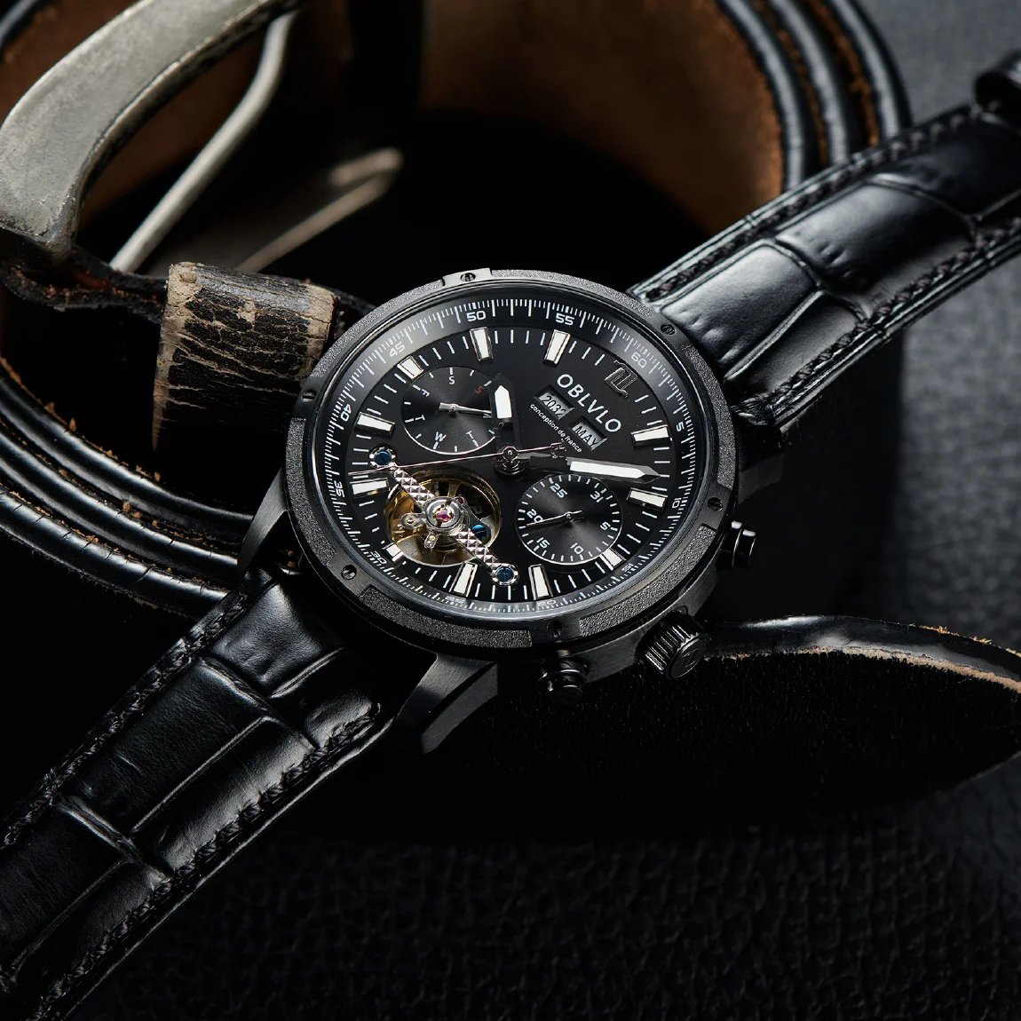 OBLVLO Men Business All Black Automatic Mechanical Tourbillon Luminous Leather Strap Sapphire Waterproof Calendar CM-T
OBLVLO Men Business All Black Automatic Mechanical Tourbillon Luminous Leather Strap Sapphire Waterproof Calendar CM-T