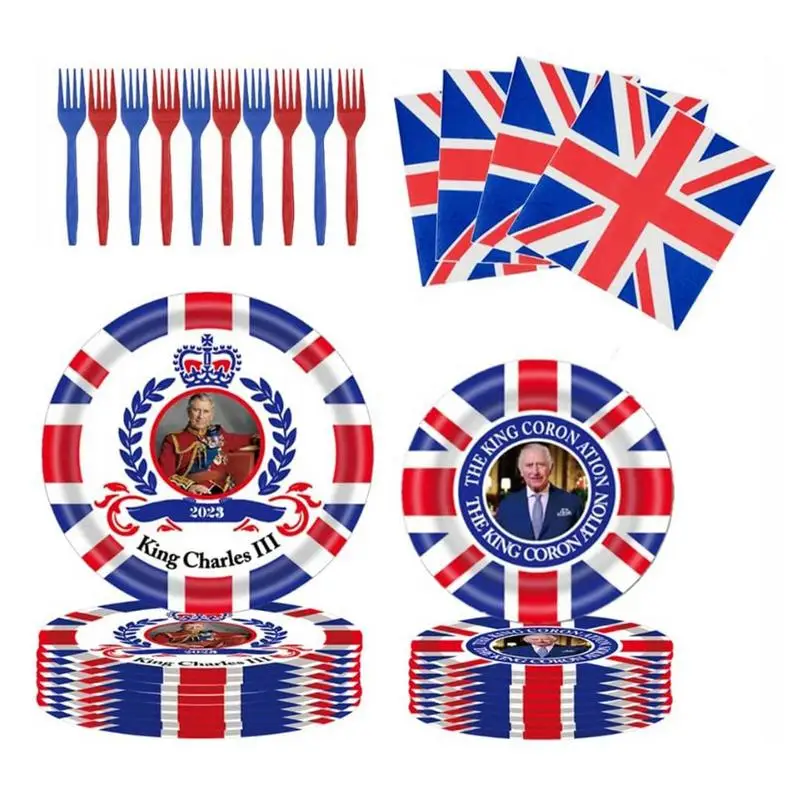 

Union Jack Tableware Set UK Themed Paper Plates/Napkins/Forks Tableware Kit King Charles Coronation Decorations