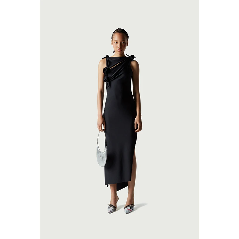 

2023 New Twisted 3D Flower Decorative Side Slit Women Asymmetrical Cutout Sleeveless Long Dress