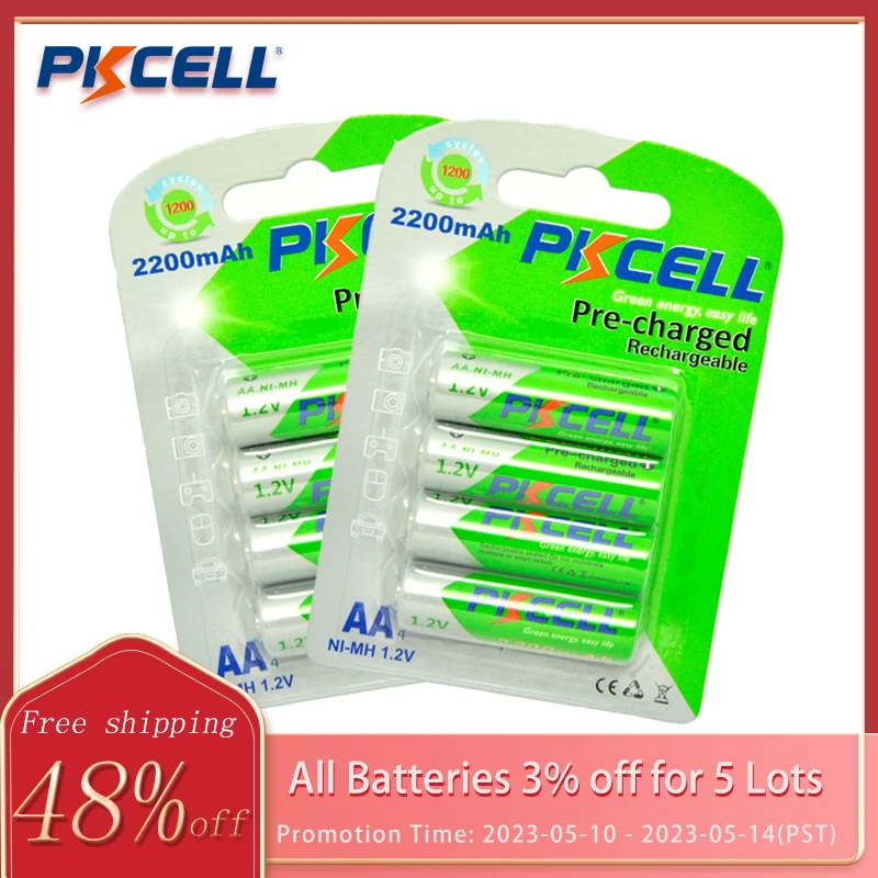 

8pcs/2card PKCELL AA Rechargeable Battery NiMH 1.2V 2200mAh Ni-MH 2A AA Pre-charged Batteries low self discharge toys Batteries