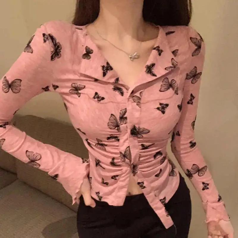 Sexy Butterfly Print T-Shirts Women 2023 Spring Korean Slim Fit Turndown Collar Crop Tops Woman Long Sleeve Pink Grey T Shirt
Sexy Butterfly Print T-Shirts Women 2023 Spring Korean Slim Fit Turndown Collar Crop Tops Woman Long Sleeve Pink Grey T Shirt