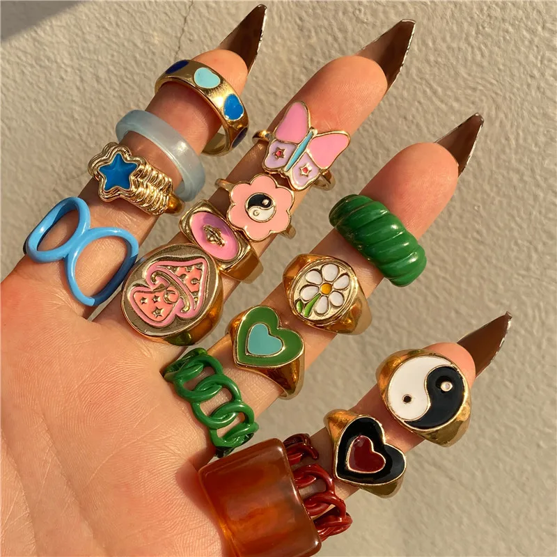 Vintage Colorful Heart Rings Set for Women Fashion Pink Green Color Resin Flower Love Heart Ring Wholesale Jewelry
Vintage Colorful Heart Rings Set for Women Fashion Pink Green Color Resin Flower Love Heart Ring Wholesale Jewelry