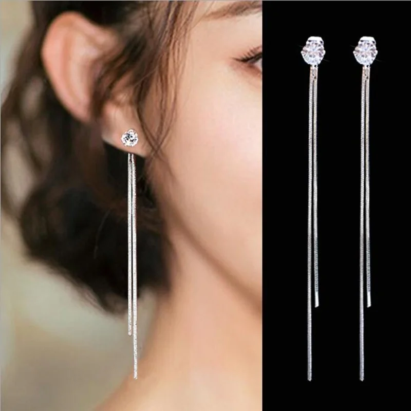 925 Sterling Silver Long Chain Tassel Earrings Rhinestone Hanging Drop Dangle Ear Line for Women Snake Chain
925 Sterling Silver Long Chain Tassel Earrings Rhinestone Hanging Drop Dangle Ear Line for Women Snake Chain
