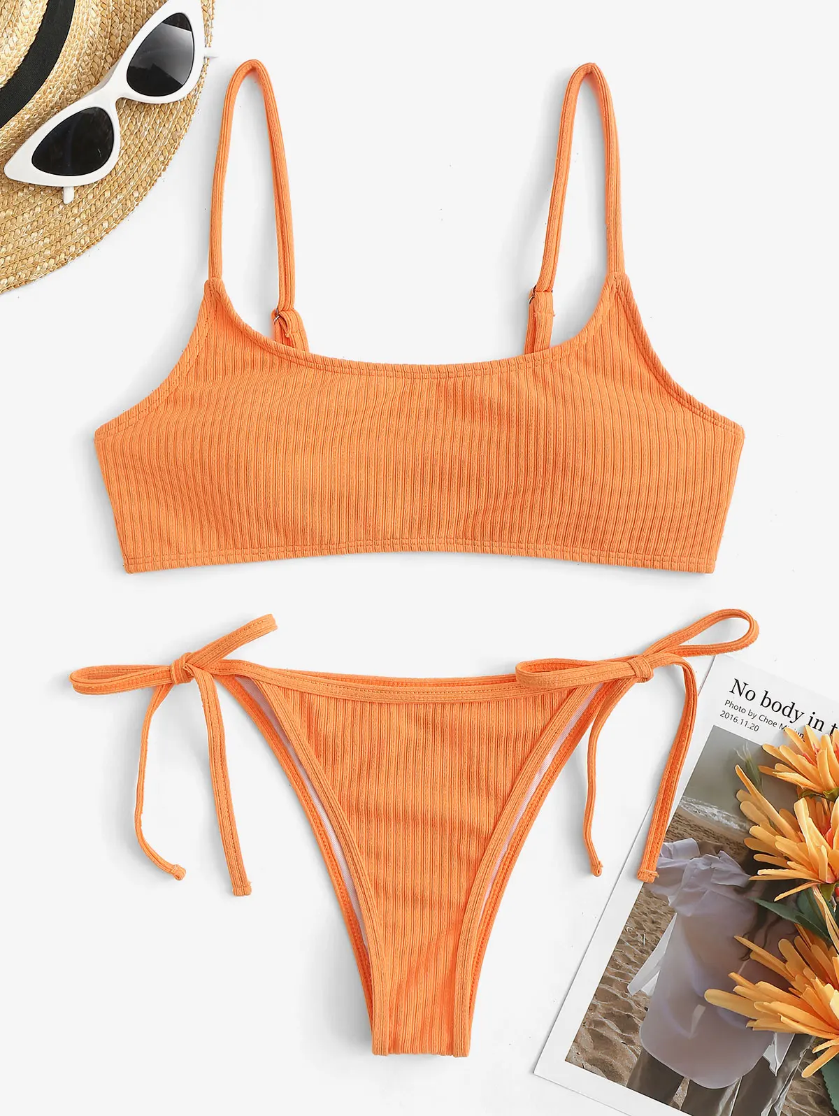 

ZAFUL Tie Side Ribbed Tanga Bikini Swimwear Cami Two Piece Swim Wear Sexy Micro Bikini 2022 Spring NEW