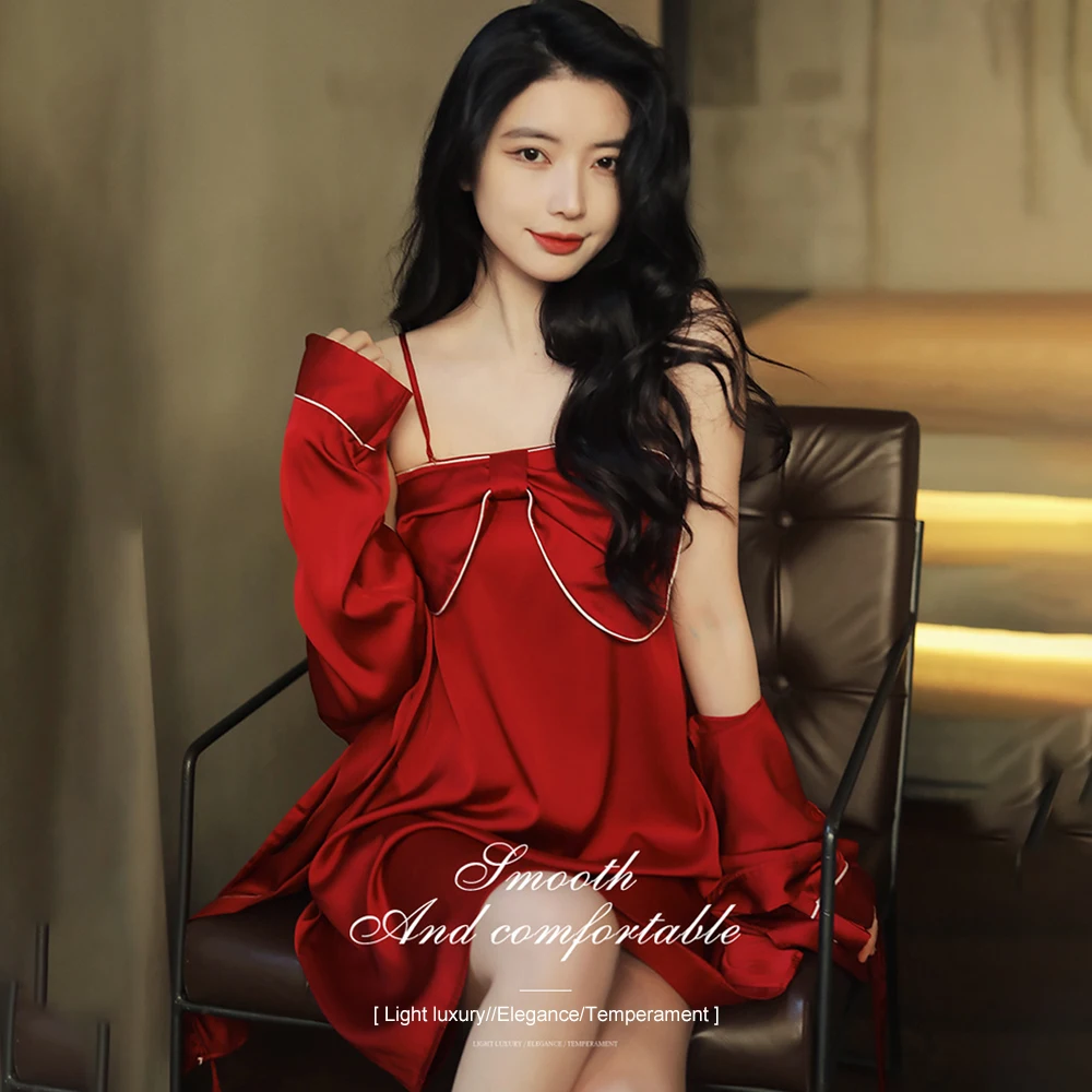 New Ice Silk Nightdress Spring Summer Sexy Bow Long Sling Pajamas Faux Silk Nightgown Two-piece Suit to Sleep Better for Woman
New Ice Silk Nightdress Spring Summer Sexy Bow Long Sling Pajamas Faux Silk Nightgown Two-piece Suit to Sleep Better for Woman