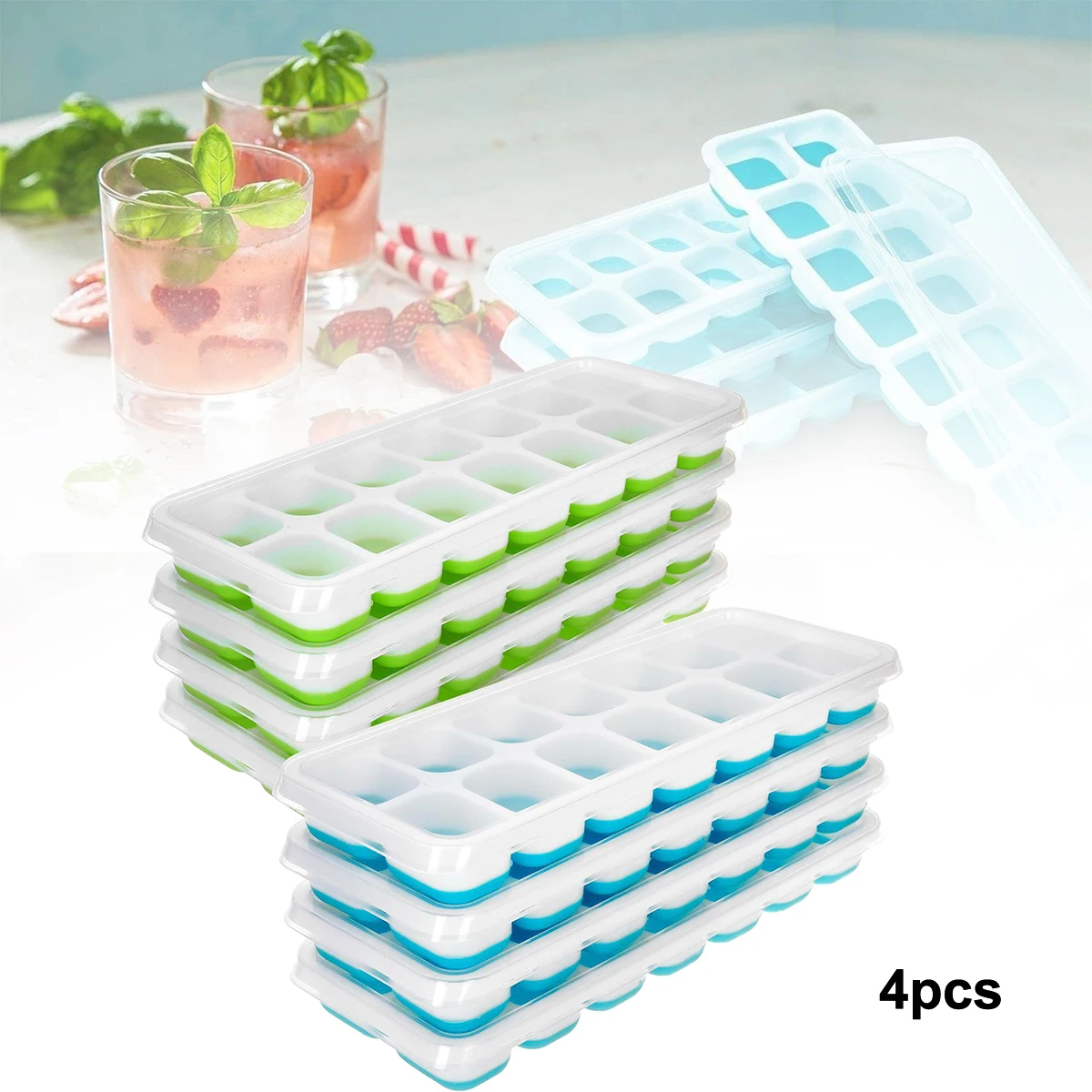 

4pcs14 Compartments Soft Bottom Silicone Ice Compartment Mould Ice Box DIY Homemade Ice Cream Ice Cube Mould with Lid