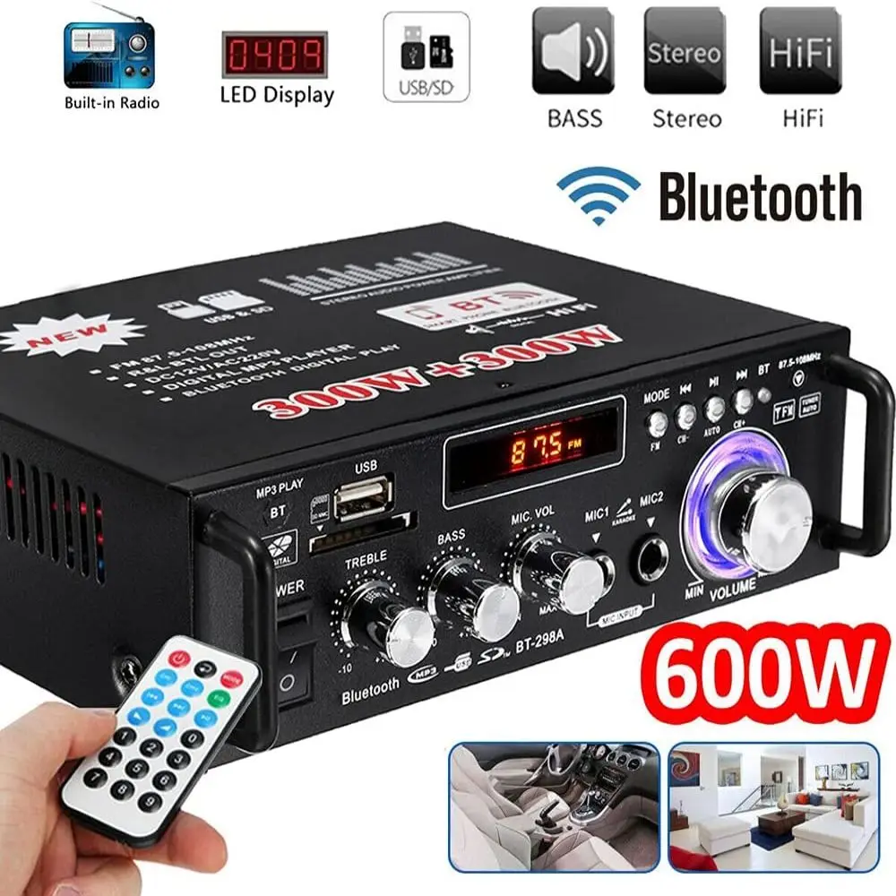 

600W Bluetooth Amplifier 300W+300W 2CH HIFI Audio Stereo Power AMP USB FM Radio Car Home Theater with Remote Control