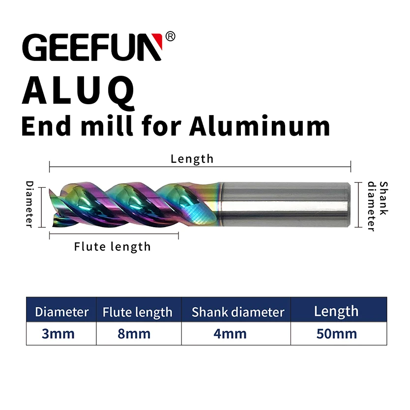 GEEFUN D.i.A 3mm / Length 50mm Aluminium Cutting HRC55 Solid Carbide 3 Flutes Square End Mill Cutter
GEEFUN D.i.A 3mm / Length 50mm Aluminium Cutting HRC55 Solid Carbide 3 Flutes Square End Mill Cutter