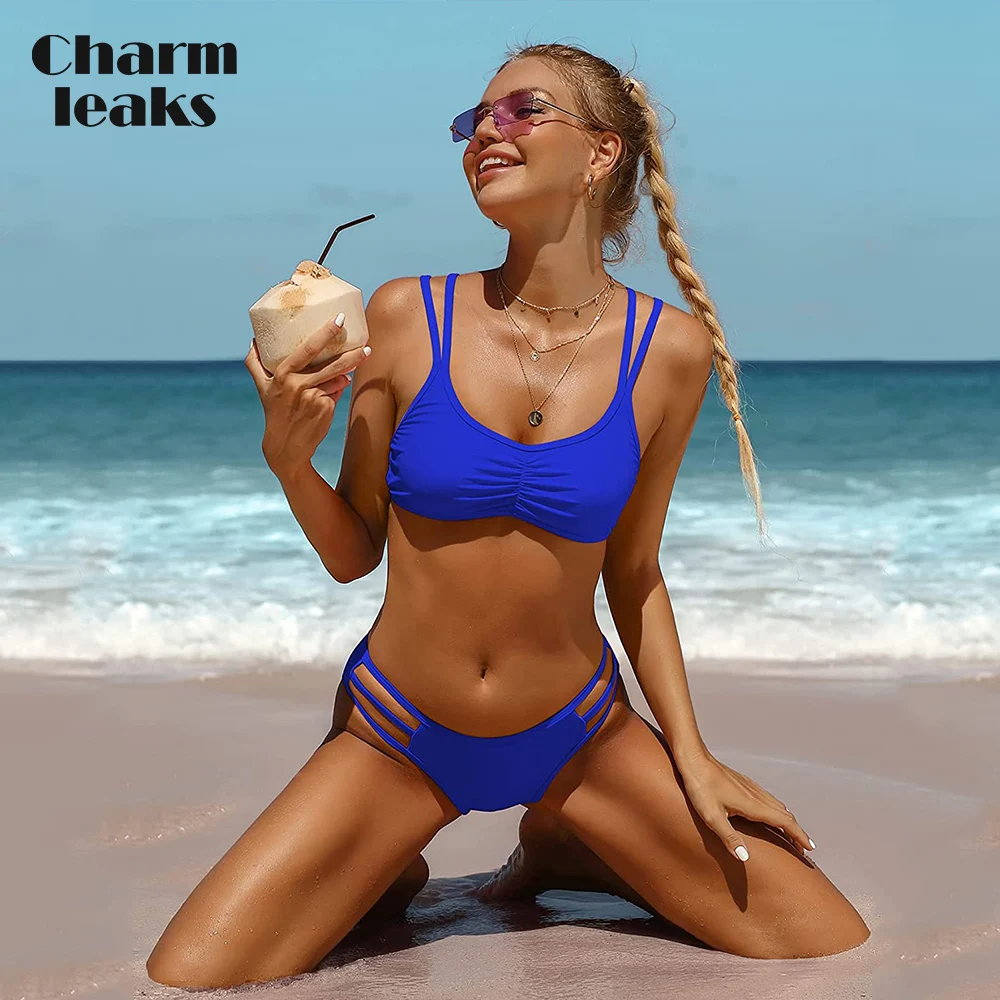 

Charmleaks Women's Strappy Bikinis Swimsuit Scoop Neck Ruched Bathing Suits Low Waist String Bikini Sporty Swimwear