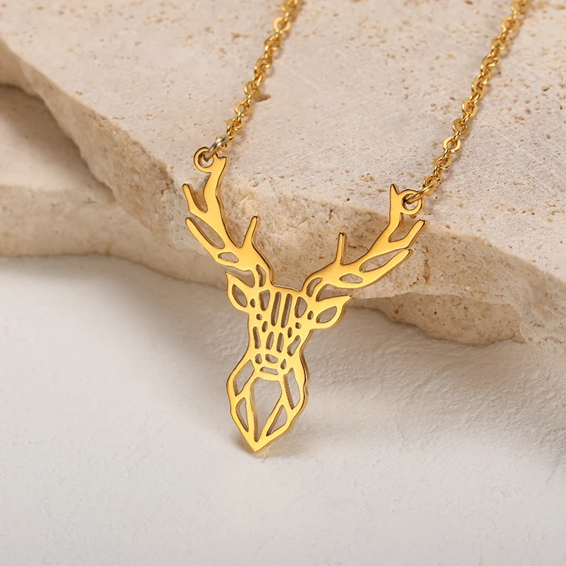 

Punk Elk Deer Antlers Pendant Necklace For Women Stainless Steel Origami Geometric Animal Necklace Christmas Gifts Child Choker