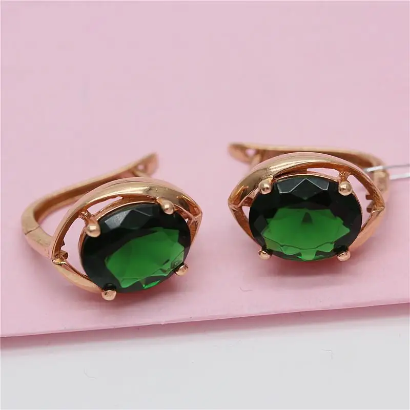 

585 Purple Gold Plated 14K Rose Gold Inlaid Oval Emerald Earrings for Women New Charm Classic Engagement Jewelry for Girlfriend