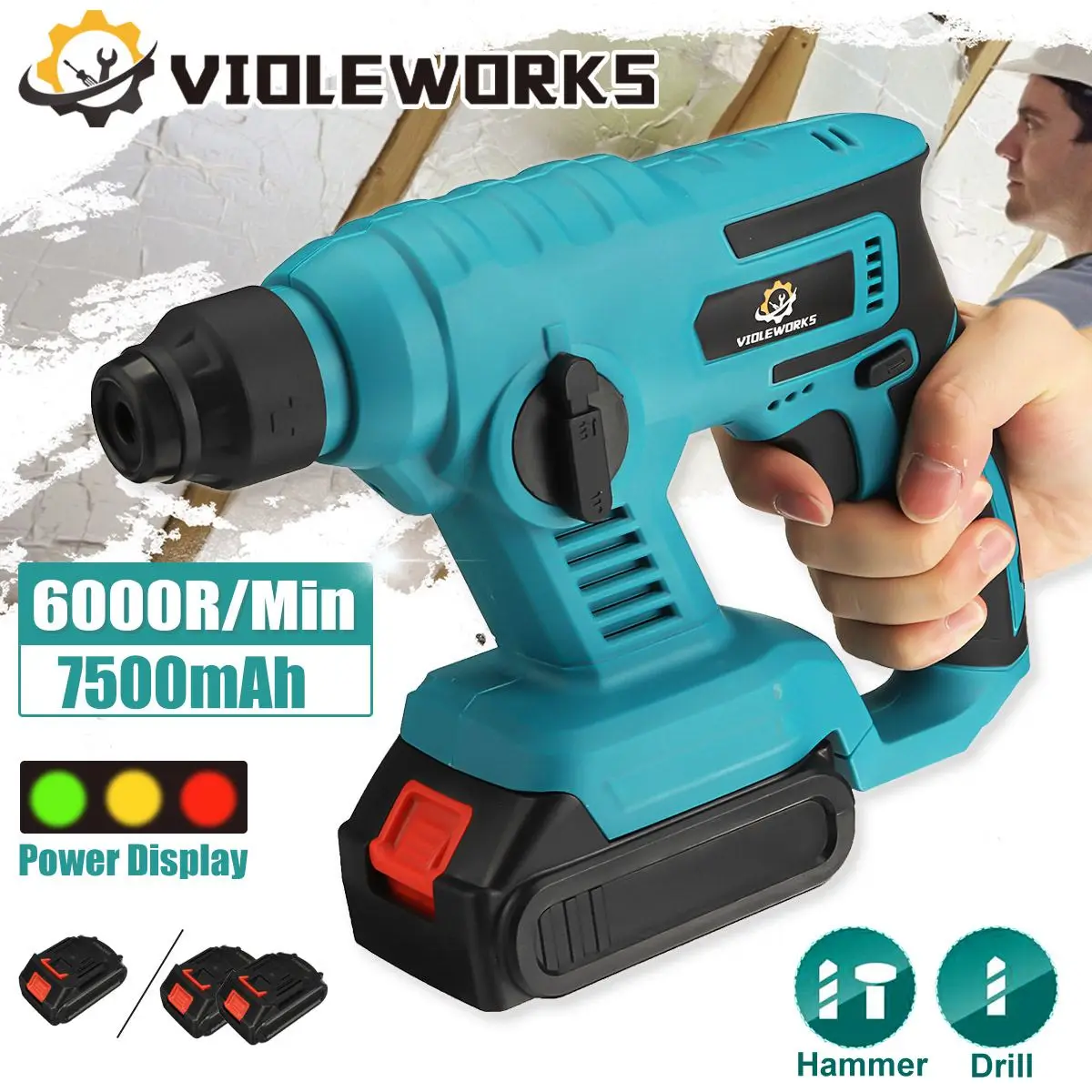 

VIOLEWORKS Electric Rotary Hammer 7500mAh Cordless Multifunction Hammer Impact Drill Power Tool For Makita 21V Battery With LED