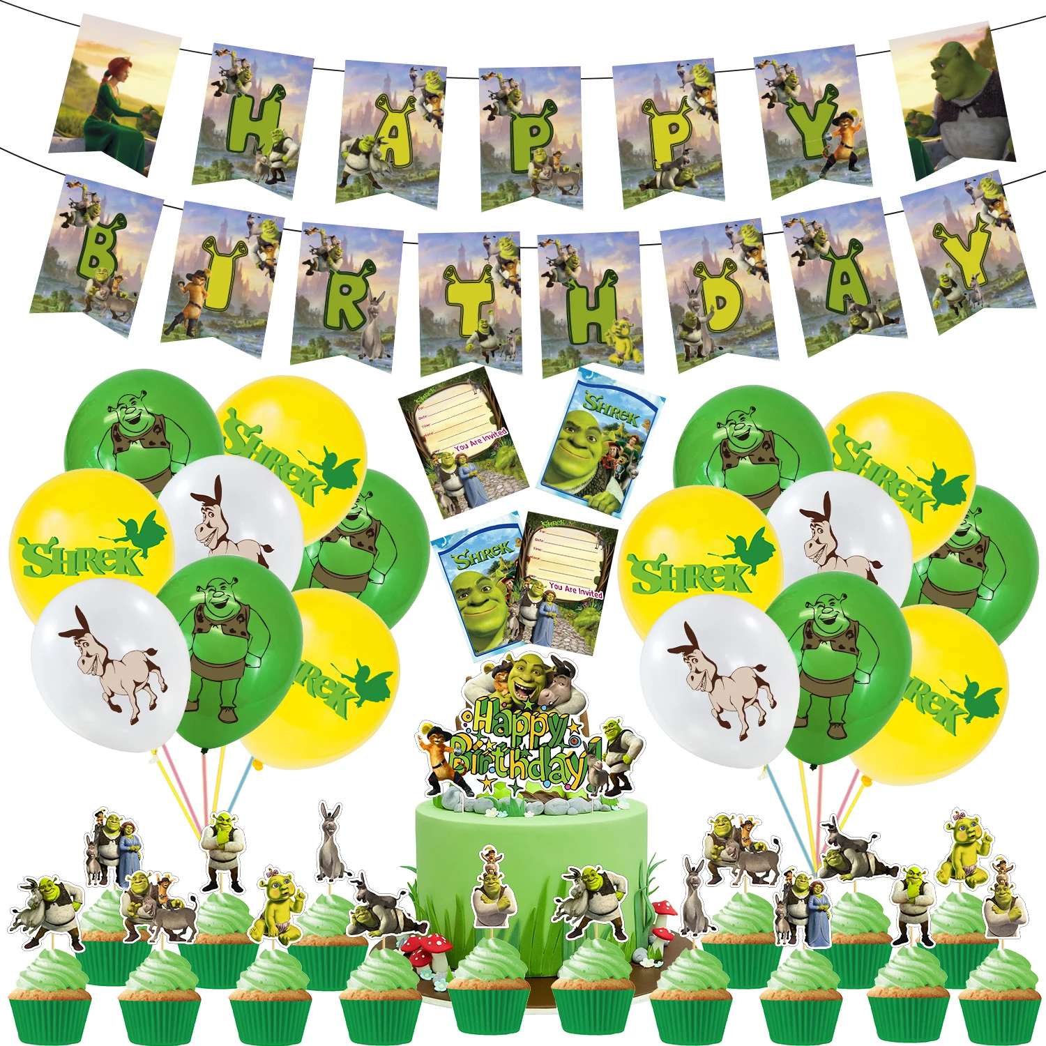 Cartoon Green Theme Shrek Birthday Party Decorations Banner Cake Topper Donkey Latex Balloons Kids Baby Birthday Party Supplies
Cartoon Green Theme Shrek Birthday Party Decorations Banner Cake Topper Donkey Latex Balloons Kids Baby Birthday Party Supplies