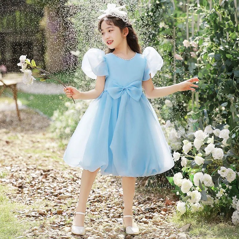 

Summer Children'S Dress Blue Elegant Exotic Princess Wind Flower Girl Birthday Party Model Catwalk Host Violin Piano Performance