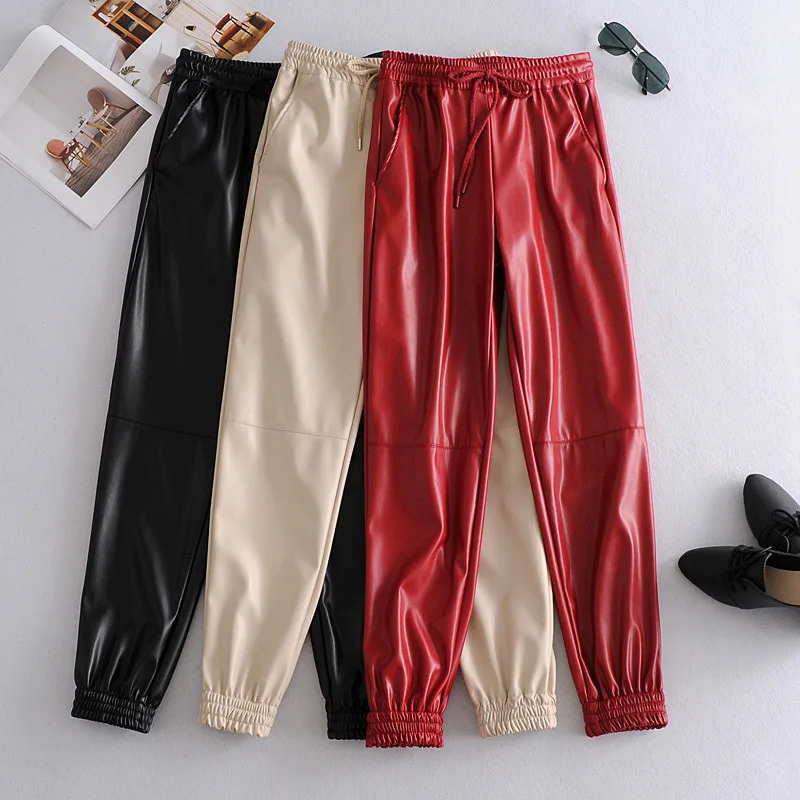 Lady Pu Leather Pants Full Length Pants Drawstring Sports Style Long Sweatpants Women Baggy Casual Pencil Pants Pantalon Mujer
Lady Pu Leather Pants Full Length Pants Drawstring Sports Style Long Sweatpants Women Baggy Casual Pencil Pants Pantalon Mujer