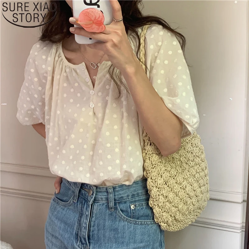 

Sweet Jacquard Polka Dot Blouse White Apricot Shirt Women Casual Korean Stand Collar Shirt Short Sleeve Loose Tops Clothes 15530