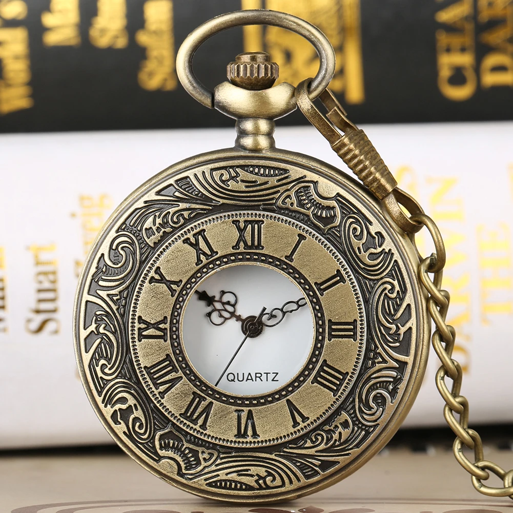 

Vintage Classic Roman Numerals Engraved Quartz Pocket Watch Men Fob Chain Antique Style Women's Necklace Pocket Clock Gifts