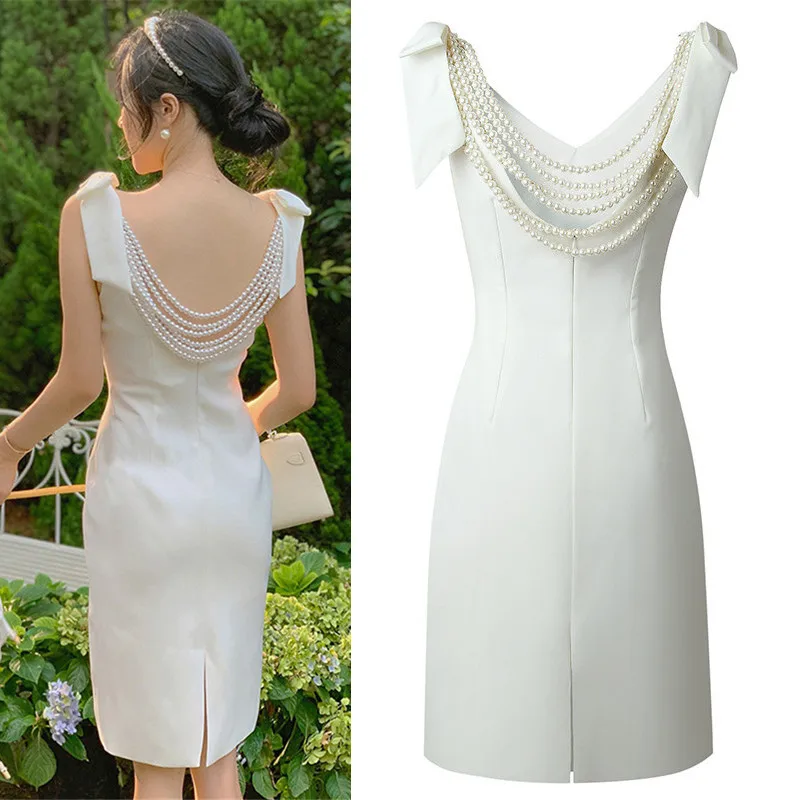 French Style Pearl Beading Backless Dress Women V-neck Bow Sleeveless Wedding Party Dress
French Style Pearl Beading Backless Dress Women V-neck Bow Sleeveless Wedding Party Dress