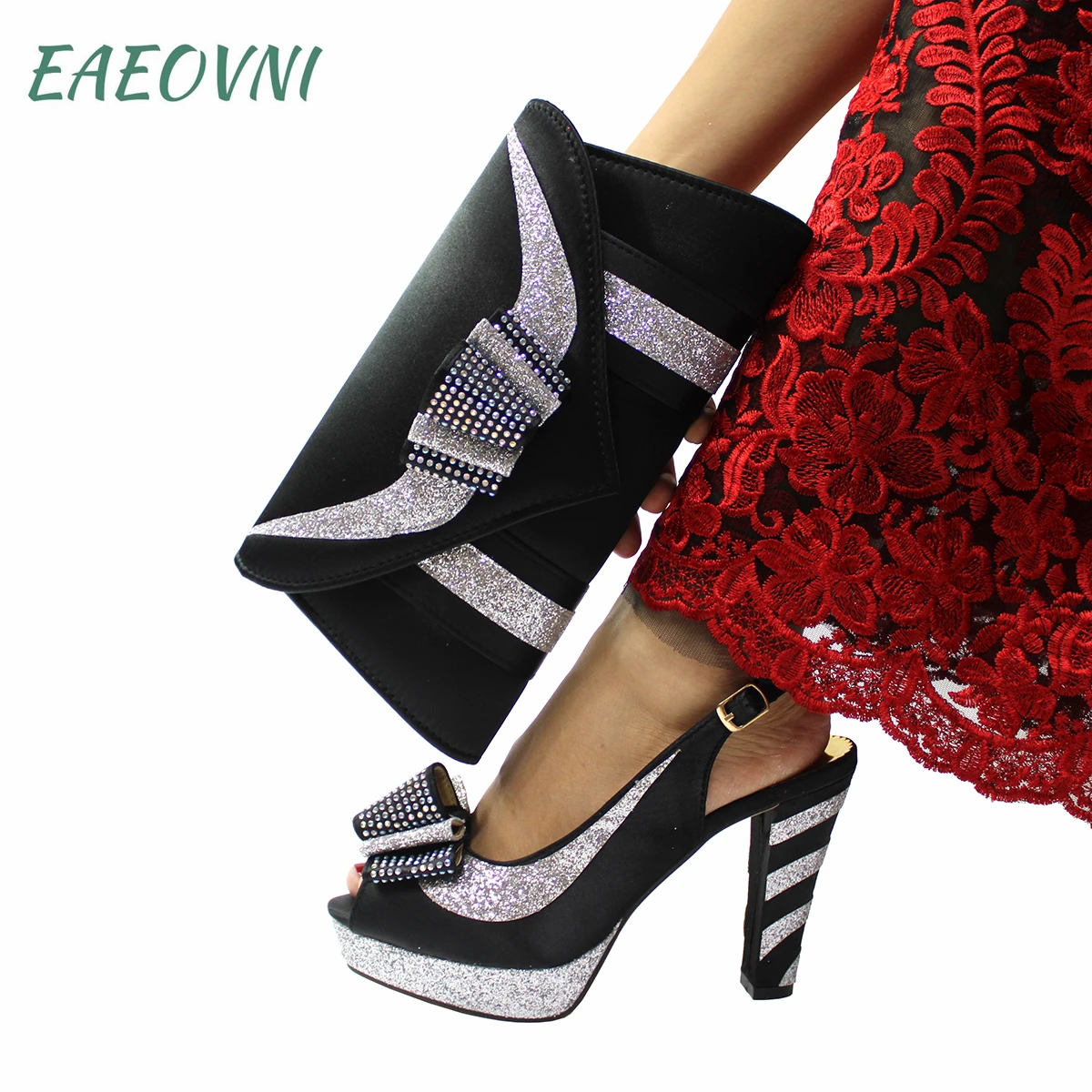 

Black Color Latest Elegant Style Peep Toe Decorated With Butterfly Design Banquet Women's Shoes And Bag Set for Wedding Party