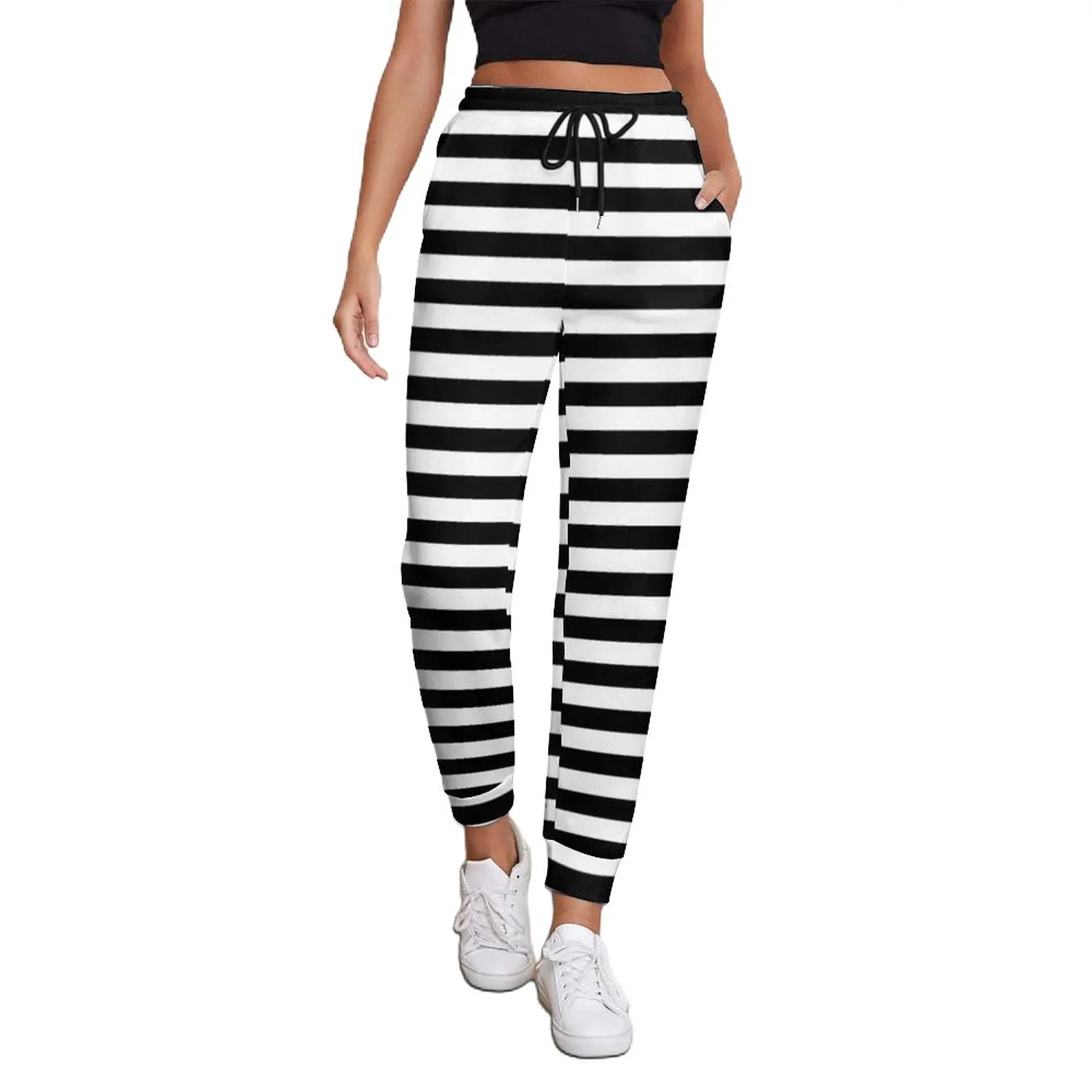 

Black Stripes Jogger Pants Horizontal Stripe Pattern Casual Big Size Sweatpants Spring Female Pattern Hippie Trousers