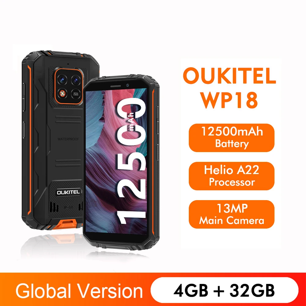 

OUKITEL WP18 MTK Rugged Cellphone 5.93 Inch 4GB RAM 32GB ROM 13MP LTE 4G 12500mAh HD+ Display IP68&IP69K Android 11 Mobile Phone
