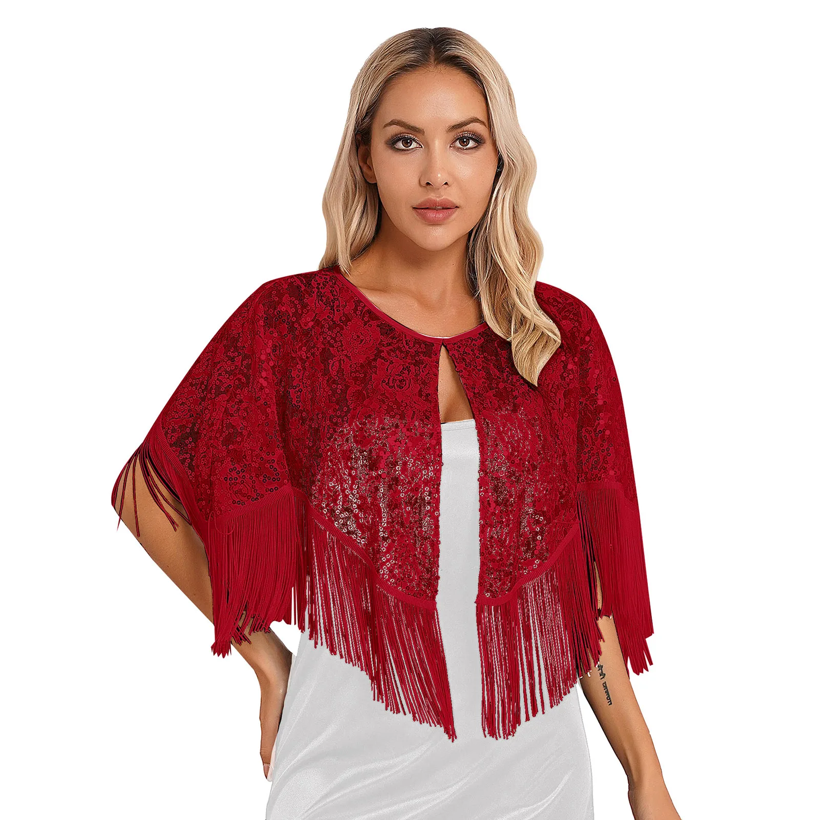 

Womens Sequin Fringed Cardigan Tassel Sheer Lace Bolero Shawl Wraps Dance Tops Shrug Cover Ups for Dancing Wedding Party