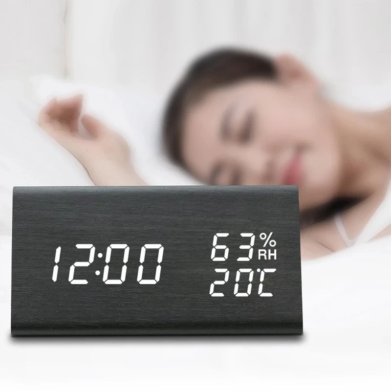 

Цифровой будильник с деревянным электронным светодиодным дисплеем, 3 настройки будильника, датчик влажности, температуры, дерева