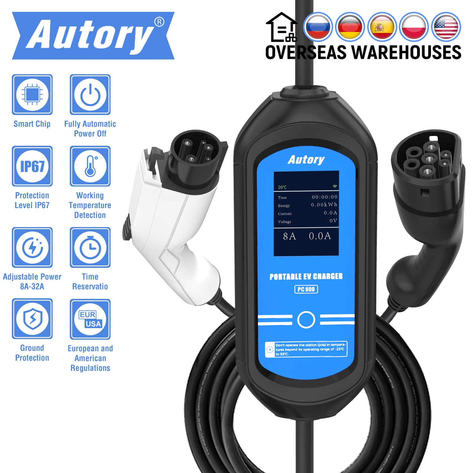 Autory PC800 EV Charger Electric Vehicle Charging Station Wall Connector 7kw 240V Portable 32A Type 1 Type 2 for All EV Cars
Autory PC800 EV Charger Electric Vehicle Charging Station Wall Connector 7kw 240V Portable 32A Type 1 Type 2 for All EV Cars